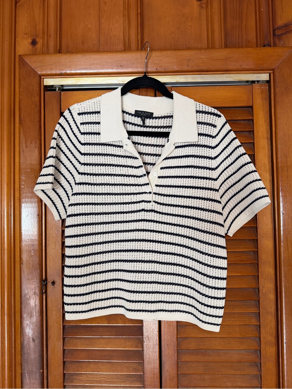 Rag & Bone Cream Navy Striped Open Knit Polo Top XL